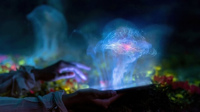 Glowing holographic brain chip hovering over a tablet held by a person in a bioluminescent forest for artificial intelligence and future technology concepts