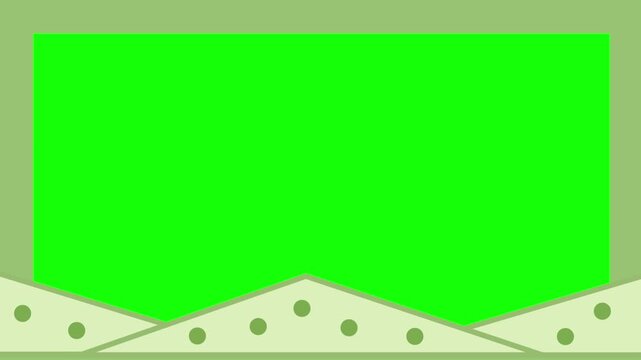 Frame border consists of a bright green rectangular center framed by a dotted pattern and a stylized mountain base.