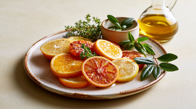 Sliced citrus fruits with olive oil and fresh herbs on imperfect ceramic plate showcasing wabi sabi seasonal simplicity and refined luxury