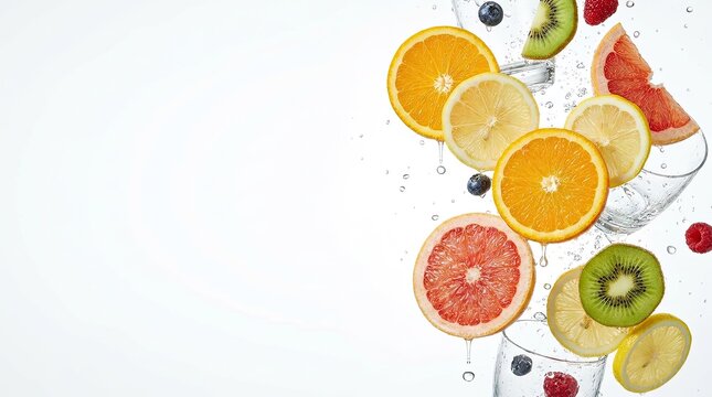 A glass of water is filled with slices of various citrus fruits and berries. Orange, grapefruit, kiwi, lemon, and lime slices float in the water.