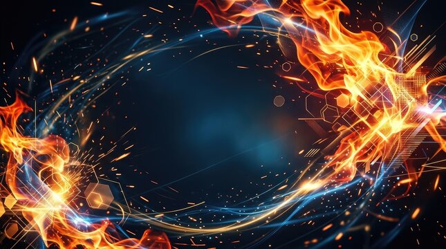 Dynamic flames swirl and dance within a digital framework, creating a vibrant and energetic abstract background.