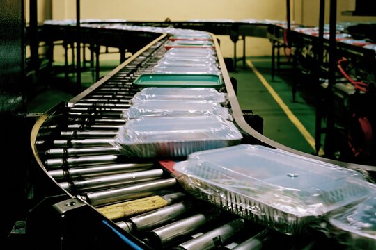 Automated conveyor belt moving prepackaged meal trays through a food processing plant, showing glossy plastic seals and industrial rollers for supply chain and manufacturing concepts