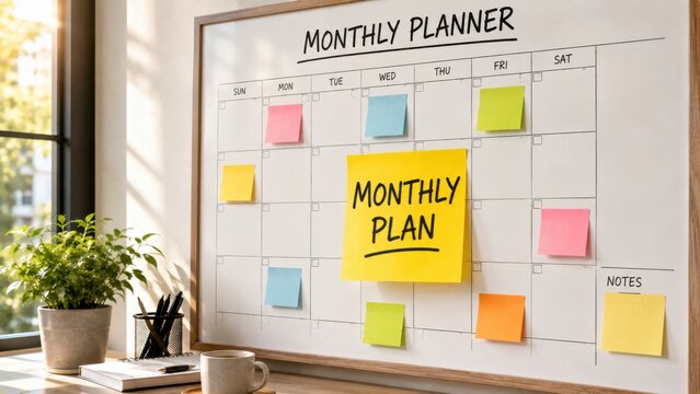 Monthly planner board with colorful sticky notes for organizing schedule tasks in bright office.