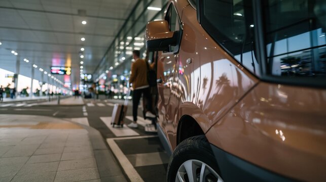 Glossy coral blush airport shuttle van parked in a pickup bay as a passenger boards with rolling luggage for travel and transportation services