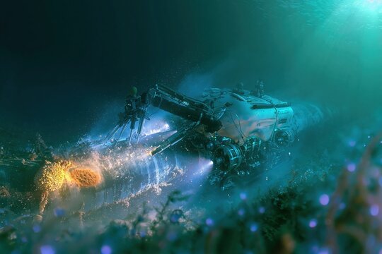 Remotely operated underwater vehicle inspecting a subsea gas pipeline on the seabed with glowing bioluminescent light for offshore energy concepts