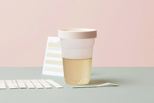Medical urine sample cup with reagent test strips and color chart for urology analysis and laboratory diagnostic testing on a minimalist background