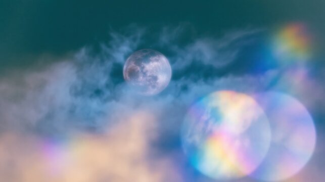 Full moon shining through wispy clouds in a starry night sky with glowing rainbow prism flares for seasonal spooky and nocturnal concepts