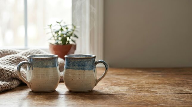 Two mugs sit on a wooden table next to a window. A warm beverage steams inside each mug.
