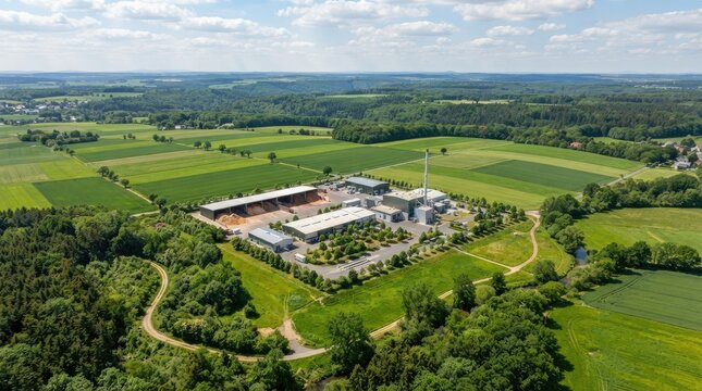 An aerial view shows a large industrial complex nestled within a green landscape. The complex consists of several buildings, including a tall smokestack, surrounded by roads and parking areas.
