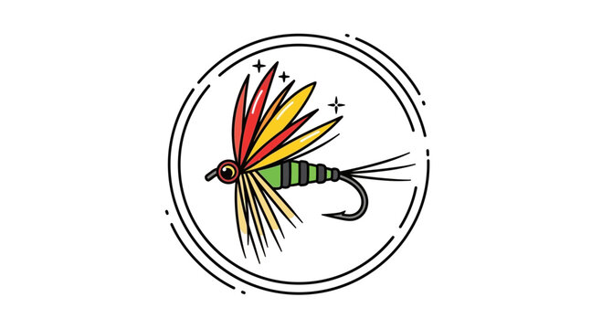 Colorful Fishing Lure Icon, Fly Fishing Spinner, Sparkle Round Emblem