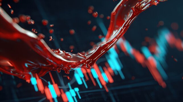 Dynamic Red Liquid Splashing Over Digital Financial Chart Featuring Green and Red Candlesticks on Dark Background