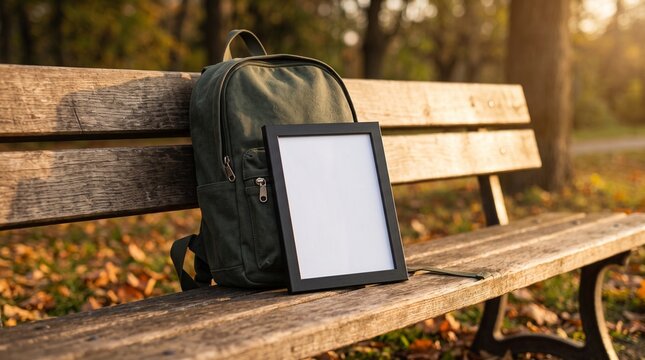 Blank picture frame mockup leaning against green backpack on wooden park bench