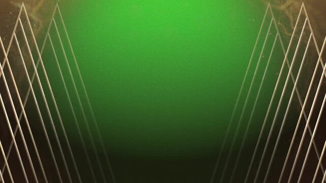 Lines form a symmetrical triangular pattern over a deep green gradient background with glowing golden light accents.