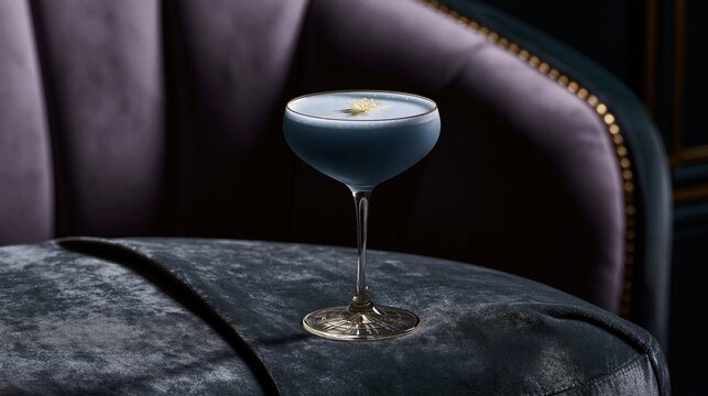 Blue cocktail in a coupe glass on a plush charcoal grey velvet surface, featuring a frothy top and elegant garnish for speakeasy and lounge branding