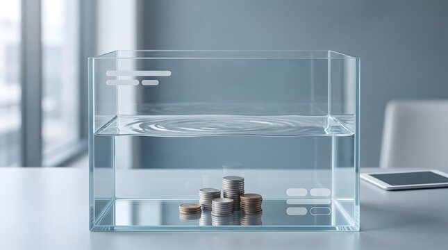 Sunk cost fallacy and underwater investments concept showing stacked coins submerged at the bottom of a glass water tank