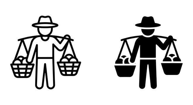 Farmer Carrying Baskets of Produce, Agricultural Worker Icon Set, Rural Harvest Vector