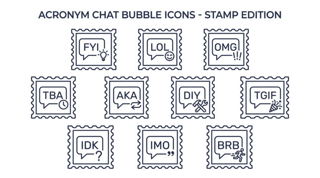 Chat Bubble Acronym Icons - Stamp Edition: FYI, LOL, OMG, TBA, AKA, DIY, TGIF, IDK, IMO, BRB