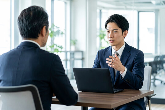 ノートパソコンを活用してクライアントへ提案を行う若手営業担当者の商談・ビジネスミーティング風景