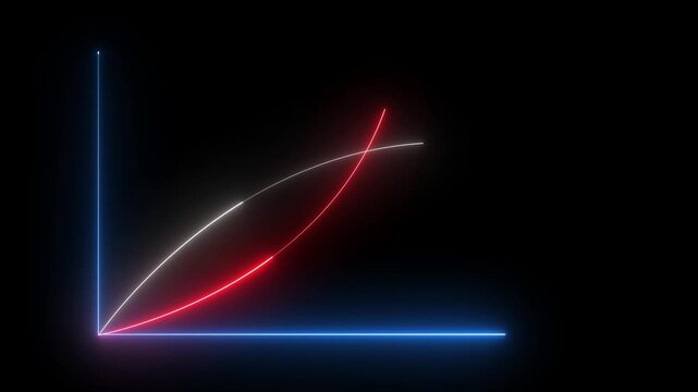 Neon financial growth chart with intersecting exponential curves, digital business data analysis animation