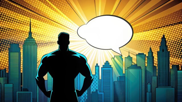 A blank bubble comic covers a bright cityscape with bold shadows and stylized halftones heros silhouette shines bright