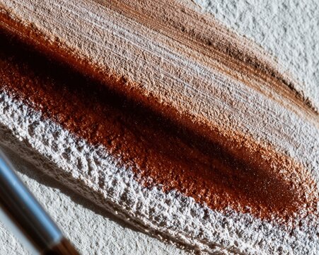 Single gouache brushstroke in warm mocha and espresso tones on textured paper, showing pigment granulation and matte bloom for artisan craft design