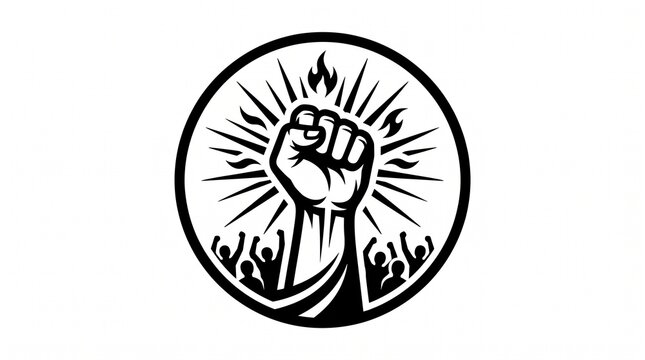 Protest raised fist circle logo illustration with crowd silhouette and sunburst rays on white background