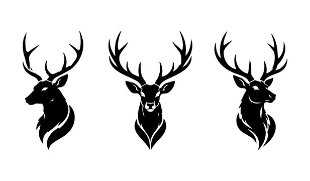 Black Deer Head Antler Silhouette Vector Illustration Set Isolated On White