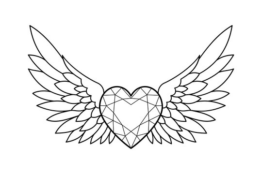 Diamond Heart With Angel Wings Line Art Vector Illustration For Tattoo Design