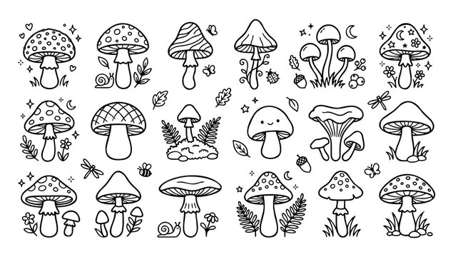 Cute Mushroom Doodle Line Art Vector Illustration Set For Coloring Book Page