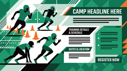 Youth Football Training Camp Promotional Flyer Design Featuring Athletes in Action with Geometric Background Graphics