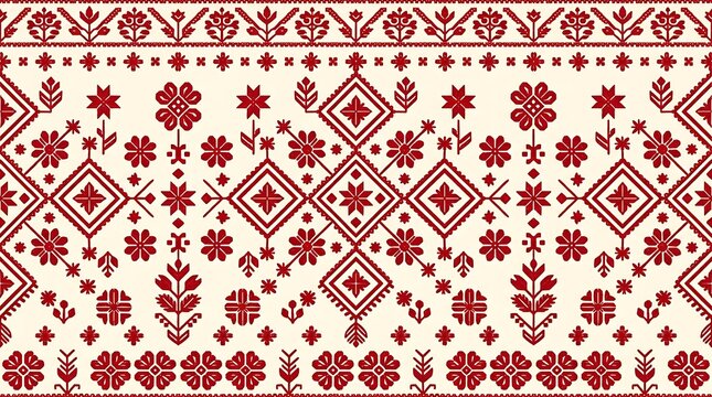 Traditional red and white folk embroidery seamless pattern background