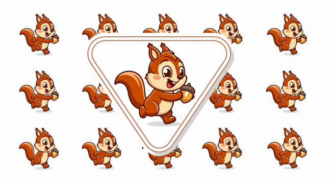 cartoon squirrel holding nut surrounded by multiple copies