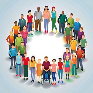 Group of diverse people standing in a large circle representing community, equality, inclusion, and social unity on a light blue background
