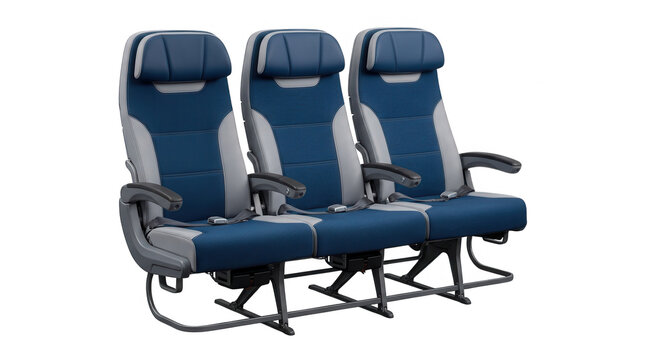 Three blue airplane seats arranged in a row for passengers on a commercial flight isolated on transparent background