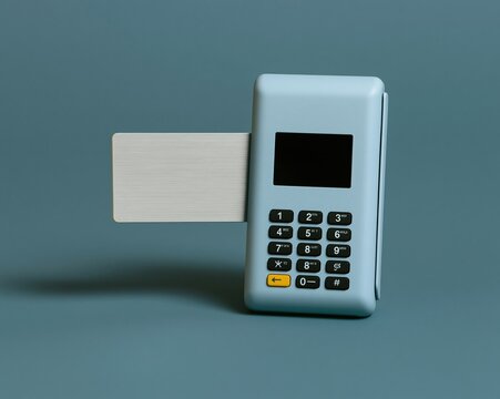 A brushed metal contactless card inserted into a matte payment terminal reader for fintech mockup and digital banking design