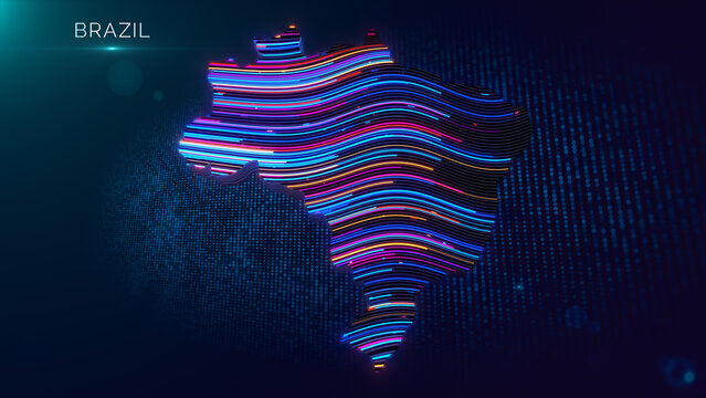 Modern technology background displaying Brazil text with a glowing 3D extruded Brazil map, colorful wavy line texture, particle grid, cinematic depth of field, and futuristic lighting.