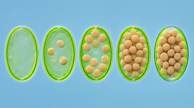 Microalgae cells shown in five stages of bioplastic granule accumulation, comparative macro of PHB filling algal interiors, biopolymer research 3D render
