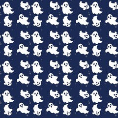 Fototapeta premium Cute seamless Halloween ghost pattern with tiny stars on a dark blue background. Perfect for fabric, wallpaper, wrapping paper, party decorations, stationery, kids products, and surface design.