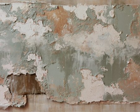 Water damaged plasterboard with peeling paint and damp wallpaper reveals a weathered texture for property insurance claims and renovation backgrounds
