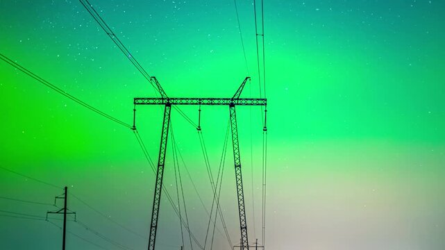 View of a tall metal electricity pylon silhouetted against a vibrant green aurora borealis lighting up the night sky in Latvia.