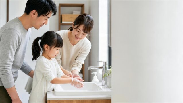 両親が子どもの手洗いを見守る家庭の衛生習慣