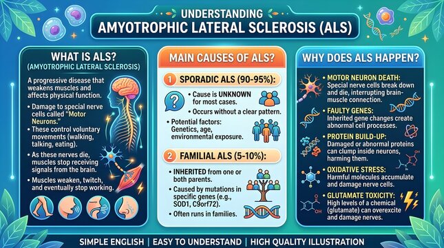 Amyotrophic lateral sclerosis ALS medical infographic explaining what ALS is, progressive nerve damage, main causes, symptoms, muscle weakness, speech changes, family risk, and simple patient educatio