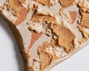 Fototapeta premium Artisan golden cheese rind and crumbly curd on a textured terracotta surface with warm side lighting for gourmet food and dairy design resources