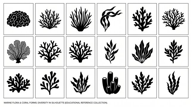 Stylized coral and seaweed grid, marine flora diversity, branching, fan-shaped, tubular forms, ocean ecosystem representation, scientific educational illustration.