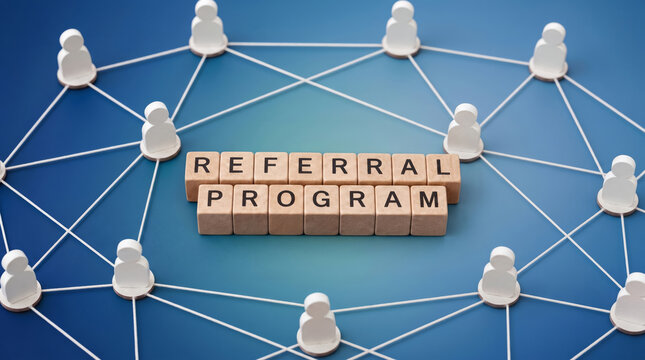 A network of connected white figures surrounds centered wooden blocks spelling "REFERRAL PROGRAM" against a blue background, illustrating concepts of business networking and affiliate marketing.