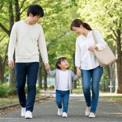 Fototapeta premium 両親と子どもが公園を歩く家族の休日