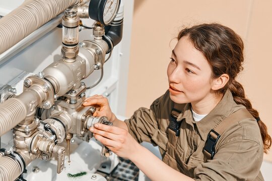 Latina woman inspecting complex industrial pipework and a flow meter with copy space for renewable energy and green technology campaigns