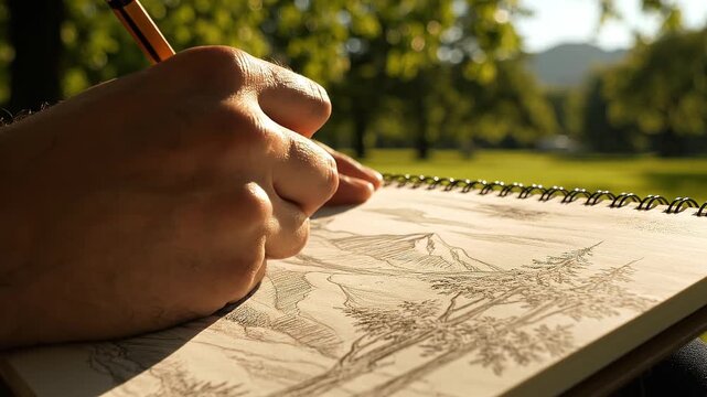 Artist sketching mountain landscape in spiral notebook outdoors with pencil