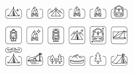 Fototapeta premium Camping Icons Set: Tent, Backpack, Fire, Lantern, Mountains, Canoe