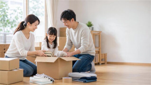 家族で段ボールに荷物を詰める引っ越し準備